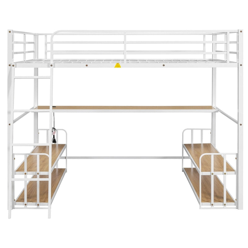 Metall-Hochbett mit Schreibtisch, Stauraumregalen und Ladestation