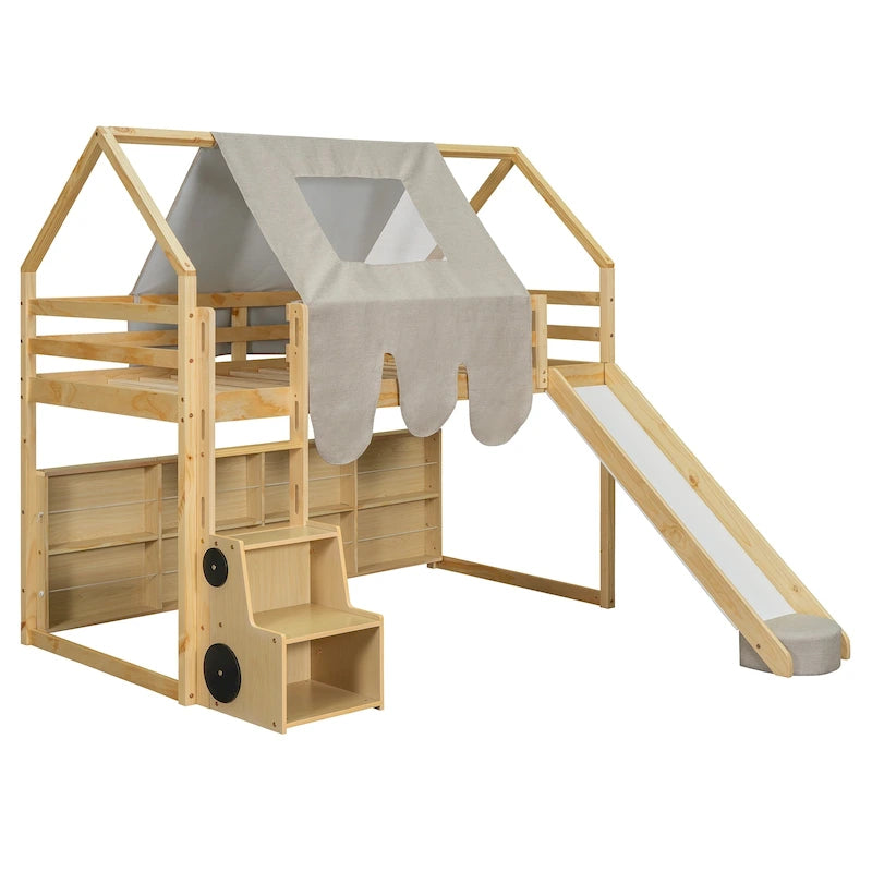 Lit mezzanine en forme de maison avec tente, toboggan et étagères de rangement