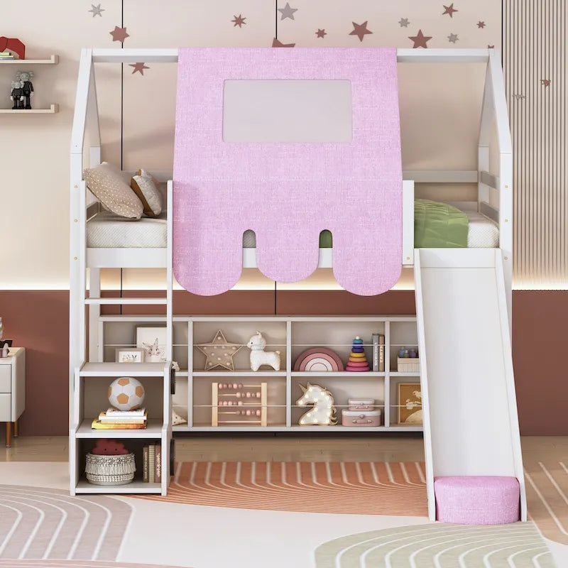 Cama alta con forma de casa, tienda de campaña, tobogán y estantes de almacenamiento