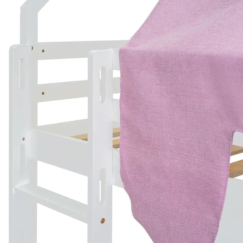Cama alta con forma de casa, tienda de campaña, tobogán y estantes de almacenamiento