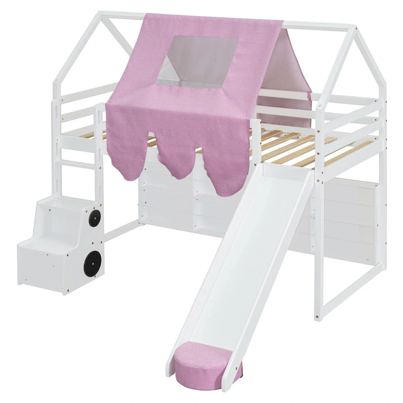 Lit mezzanine en forme de maison avec tente, toboggan et étagères de rangement