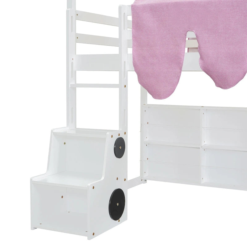 Lit mezzanine en forme de maison avec tente, toboggan et étagères de rangement