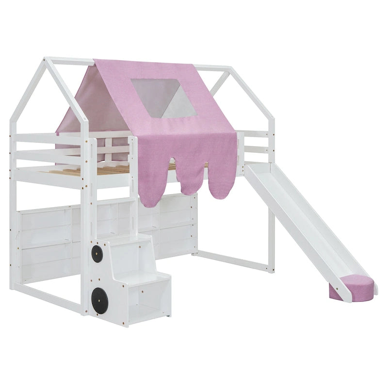 Lit mezzanine en forme de maison avec tente, toboggan et étagères de rangement