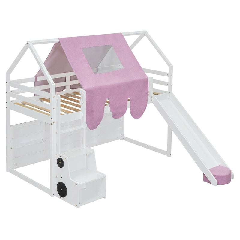 Lit mezzanine en forme de maison avec tente, toboggan et étagères de rangement
