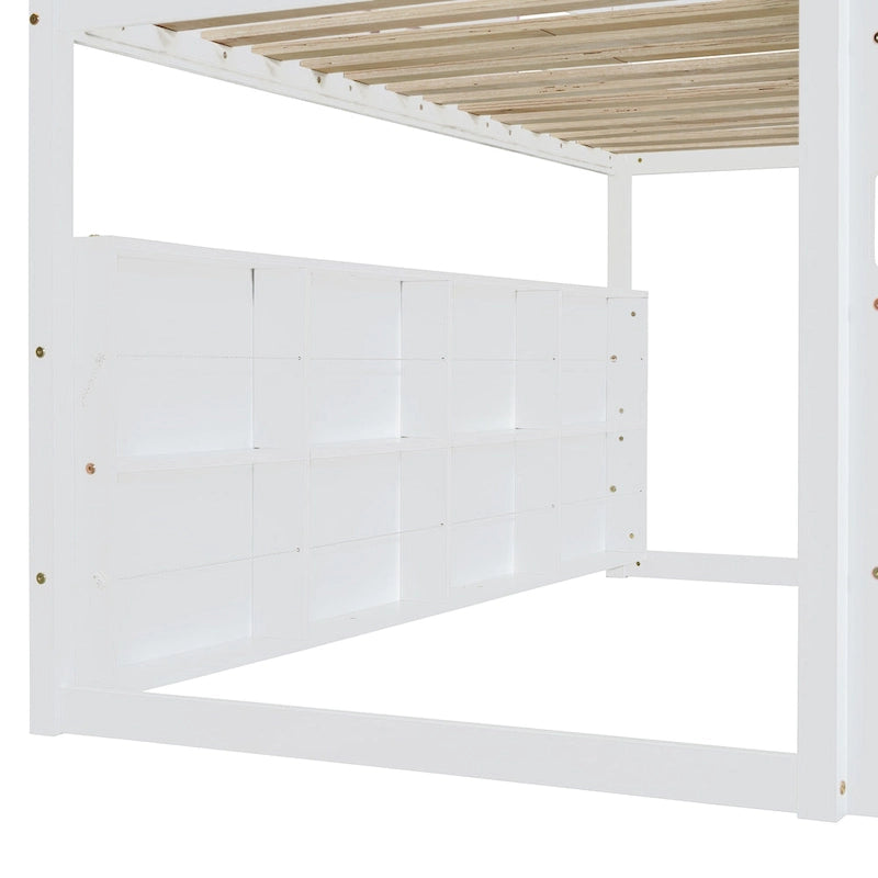 Lit mezzanine en forme de maison avec tente, toboggan et étagères de rangement