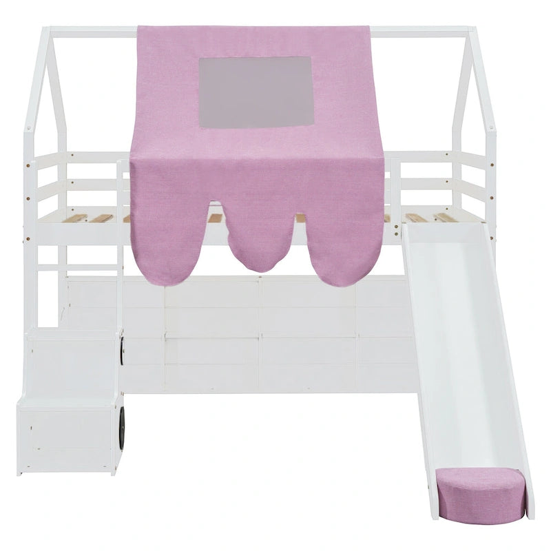 Lit mezzanine en forme de maison avec tente, toboggan et étagères de rangement