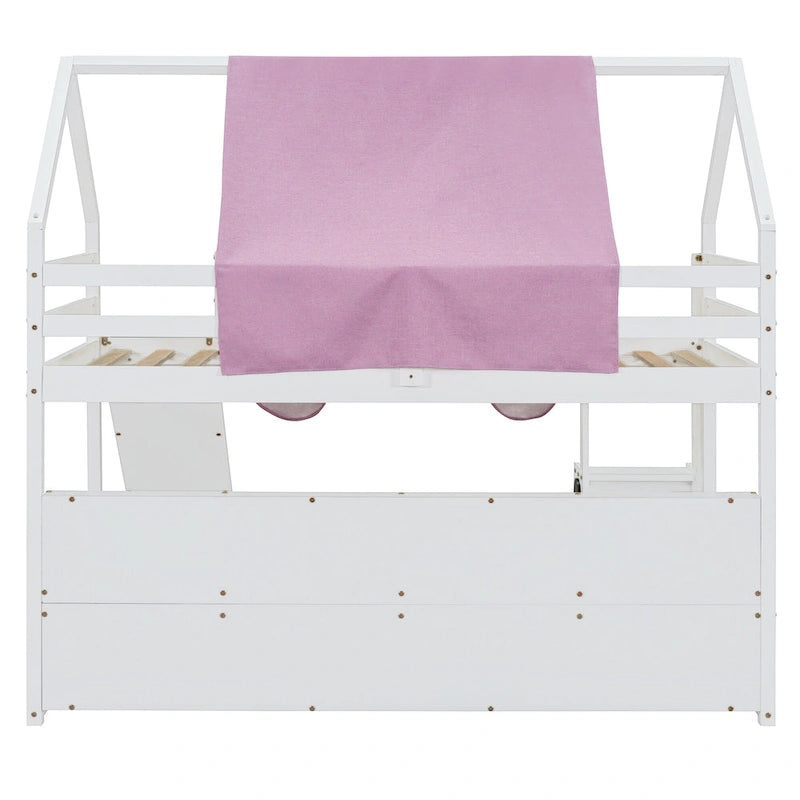 Lit mezzanine en forme de maison avec tente, toboggan et étagères de rangement