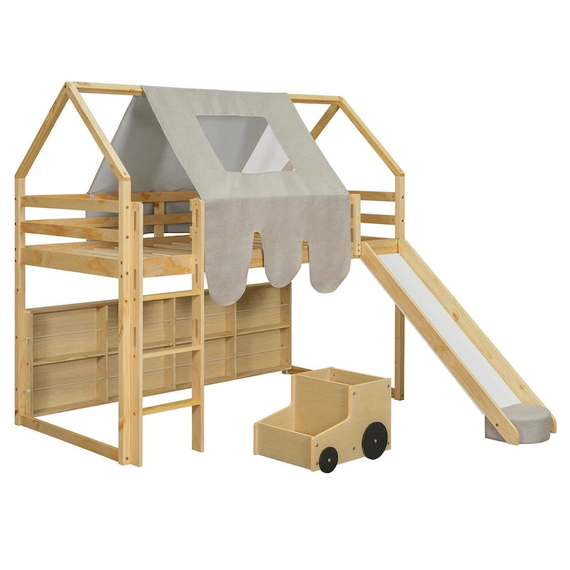 Lit mezzanine en forme de maison avec tente, toboggan et étagères de rangement