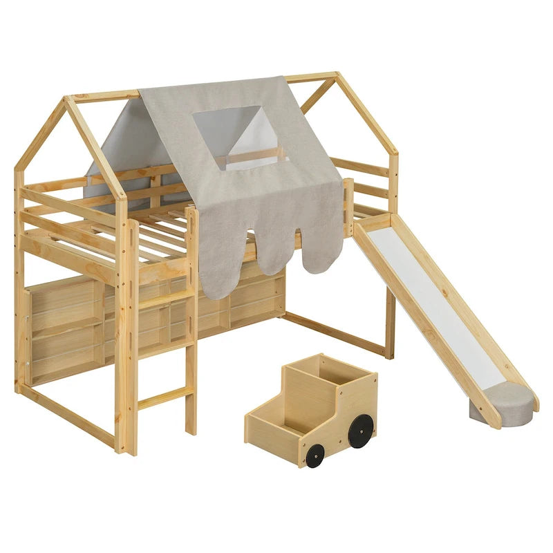 Lit mezzanine en forme de maison avec tente, toboggan et étagères de rangement
