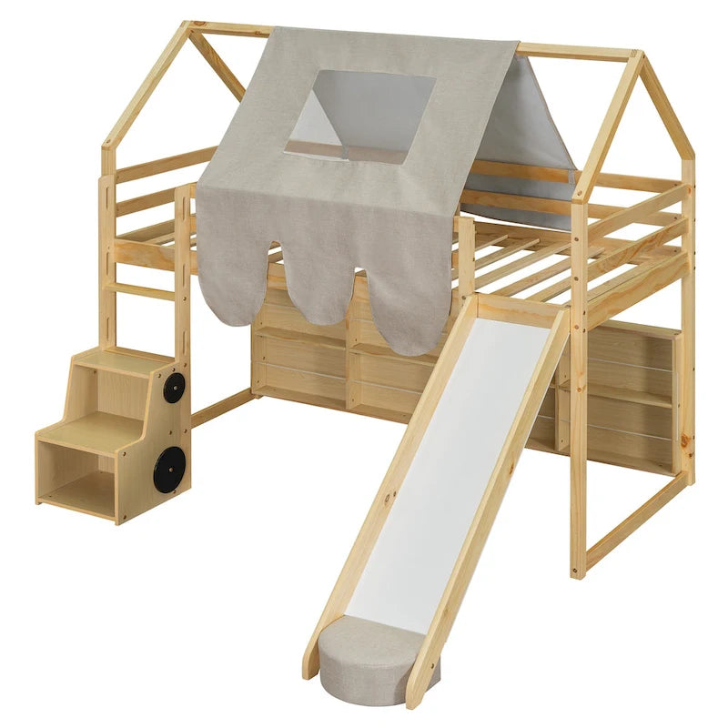 Lit mezzanine en forme de maison avec tente, toboggan et étagères de rangement