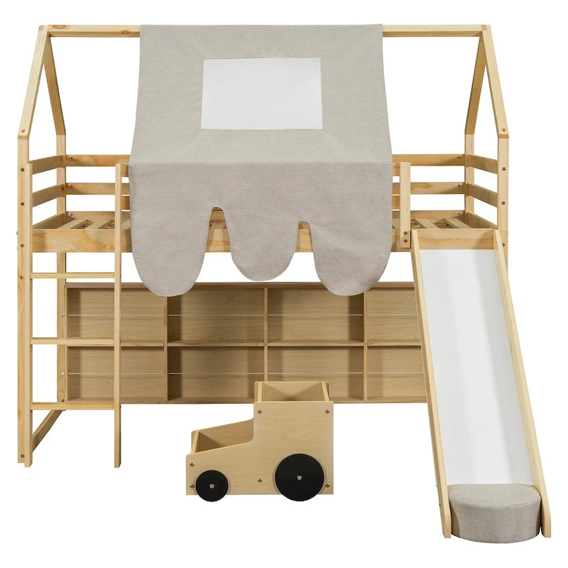 Lit mezzanine en forme de maison avec tente, toboggan et étagères de rangement