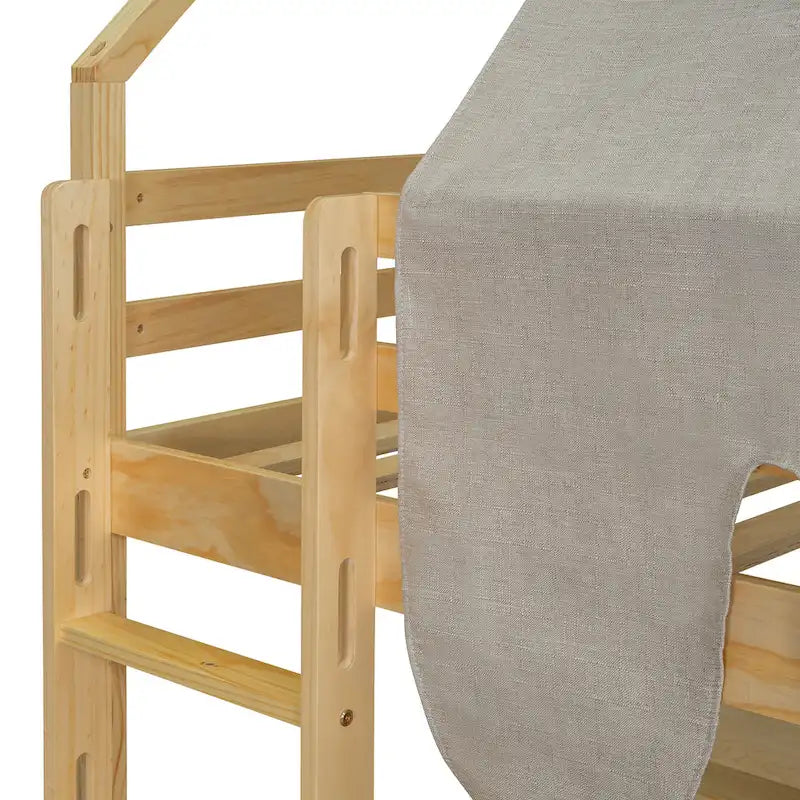 Lit mezzanine en forme de maison avec tente, toboggan et étagères de rangement