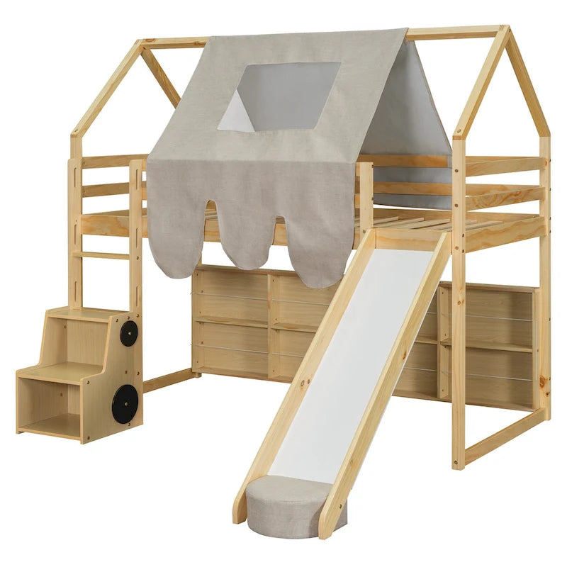 Lit mezzanine en forme de maison avec tente, toboggan et étagères de rangement