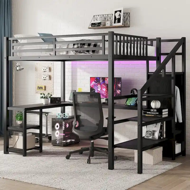 Cama alta metálica con armario, escritorio en forma de L, iluminación LED y carga USB