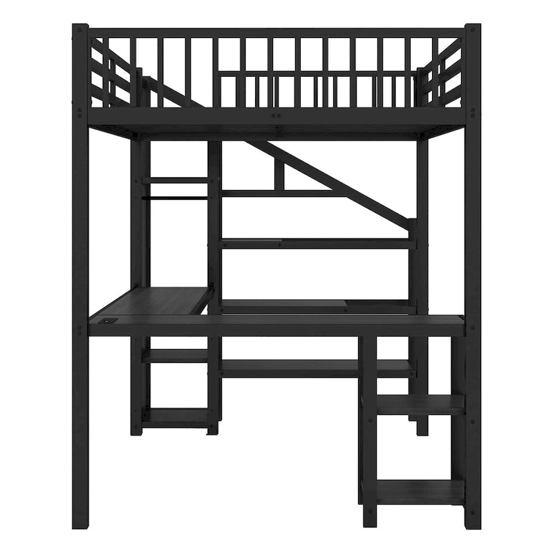 Metal Loft Bed with Wardrobe, L-Shaped Desk, LED Lighting & USB Charging