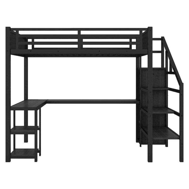Cama alta metálica con armario, escritorio en forma de L, iluminación LED y carga USB