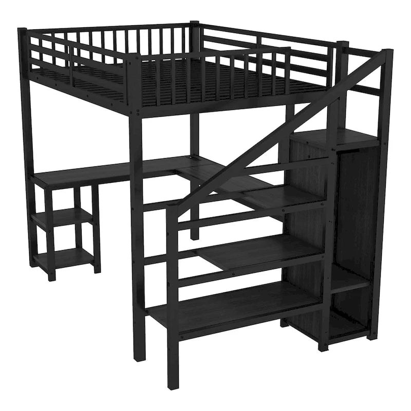 Metal Loft Bed with Wardrobe, L-Shaped Desk, LED Lighting & USB Charging