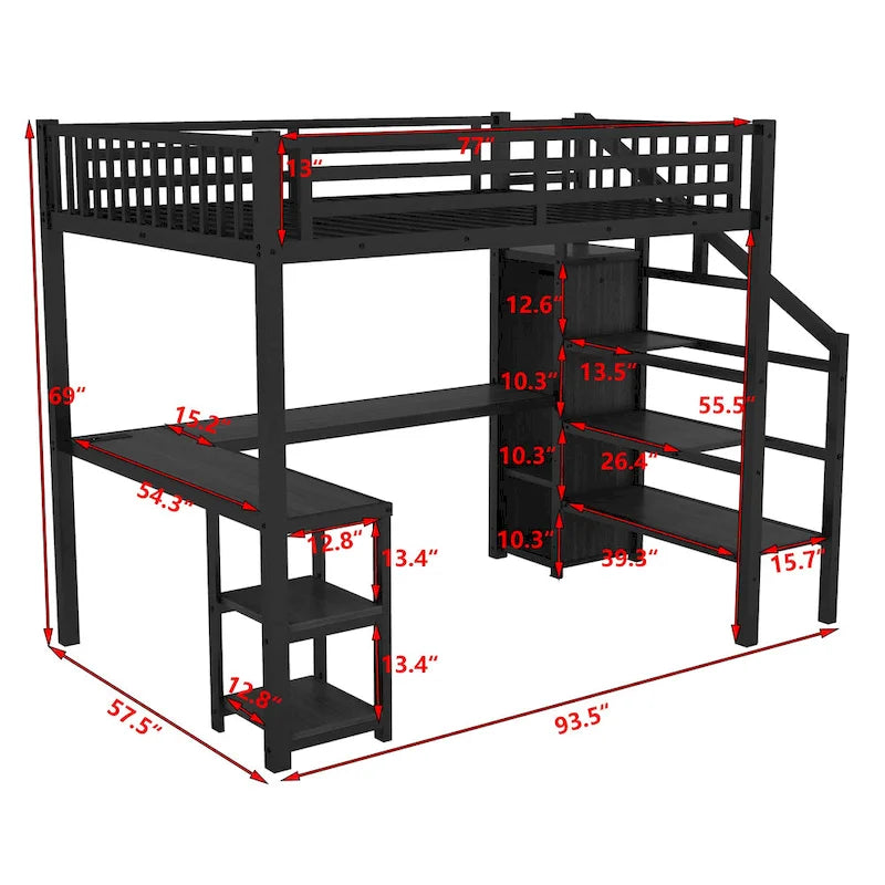 Metal Loft Bed with Wardrobe, L-Shaped Desk, LED Lighting & USB Charging