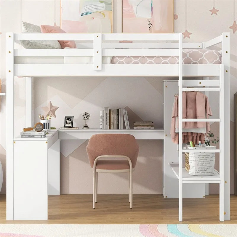 Loft Bed with L-Shaped Desk, Wardrobe & Storage Shelves