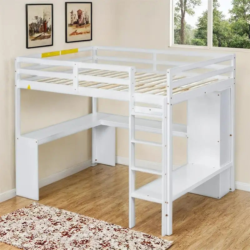 Loft Bed with L-Shaped Desk, Wardrobe & Storage Shelves