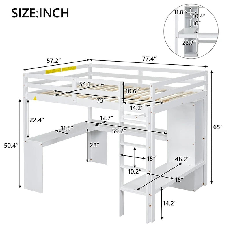 Loft Bed with L-Shaped Desk, Wardrobe & Storage Shelves