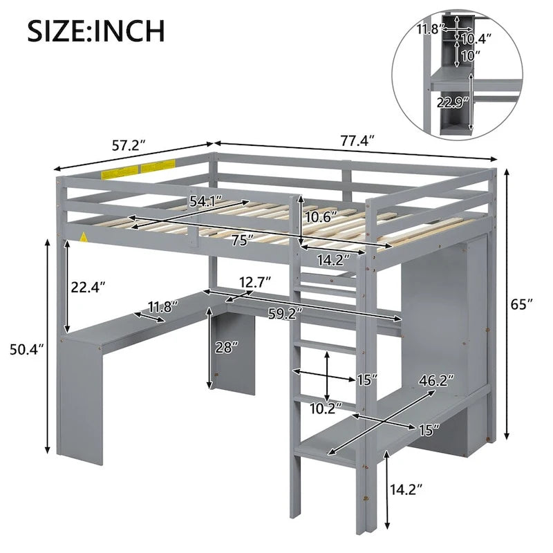 Loft Bed with L-Shaped Desk, Wardrobe & Storage Shelves
