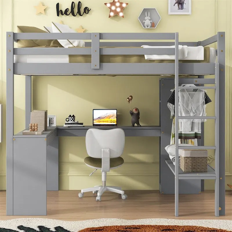 Loft Bed with L-Shaped Desk, Wardrobe & Storage Shelves