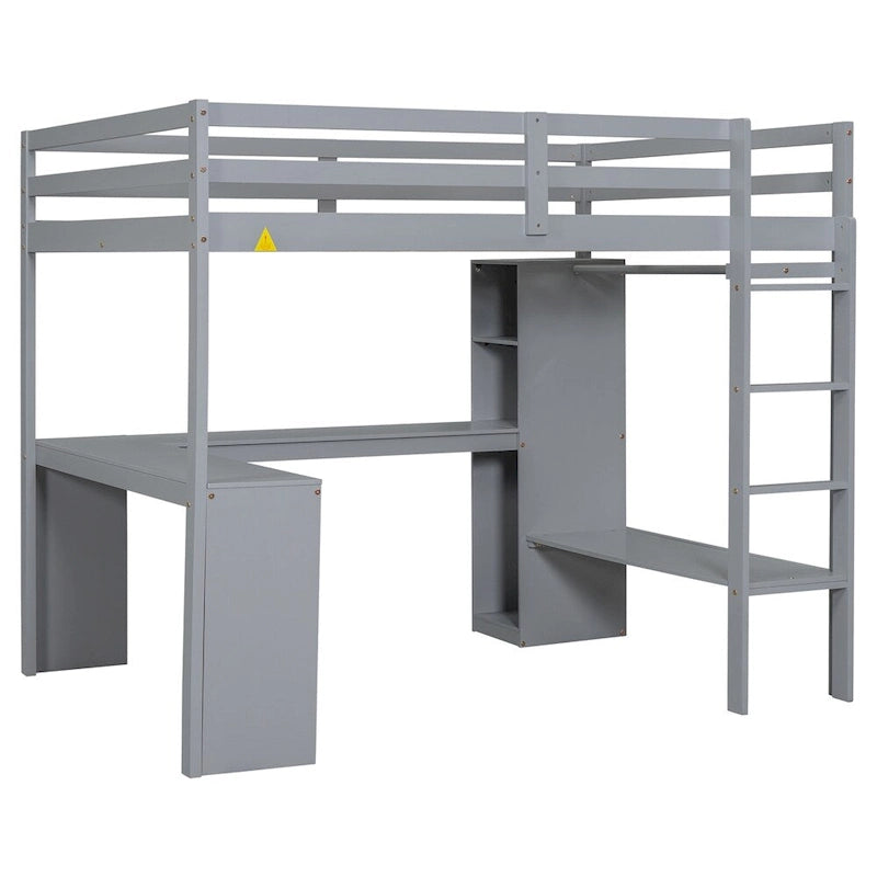 Loft Bed with L-Shaped Desk, Wardrobe & Storage Shelves
