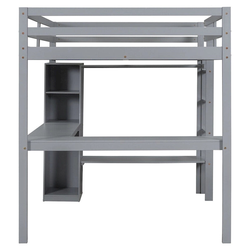 Loft Bed with L-Shaped Desk, Wardrobe & Storage Shelves