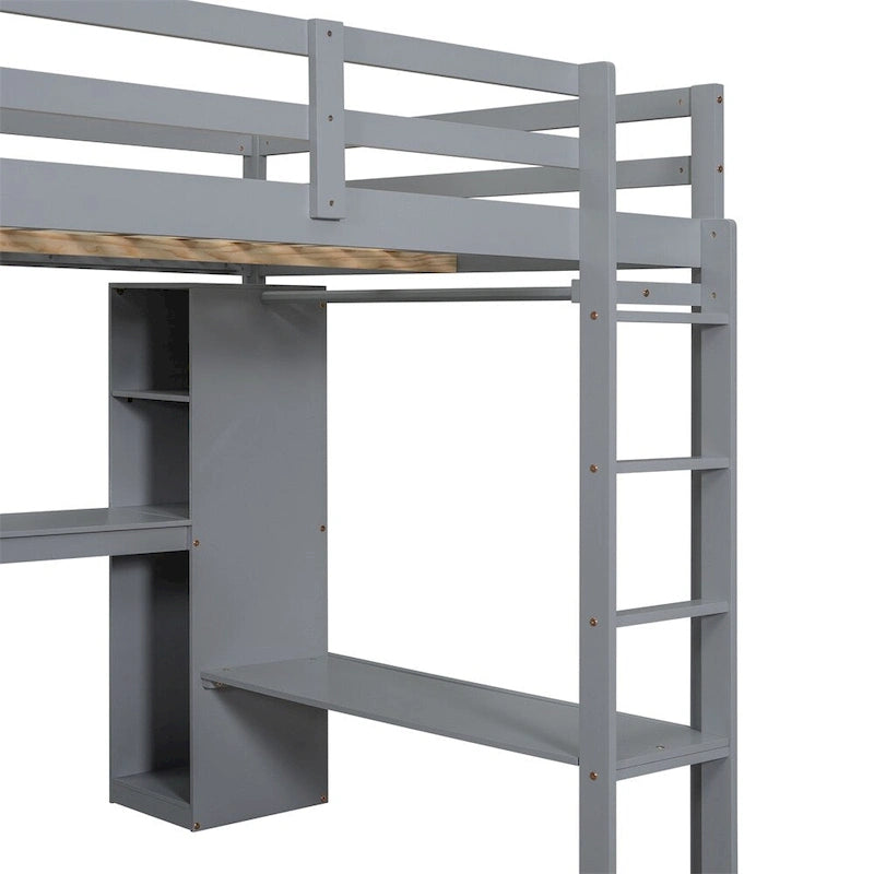 Loft Bed with L-Shaped Desk, Wardrobe & Storage Shelves