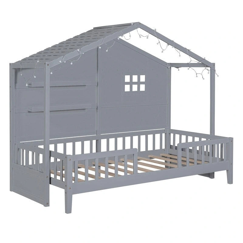Cama con forma de casa, estantes de almacenamiento, ventana y tira de luces en el techo
