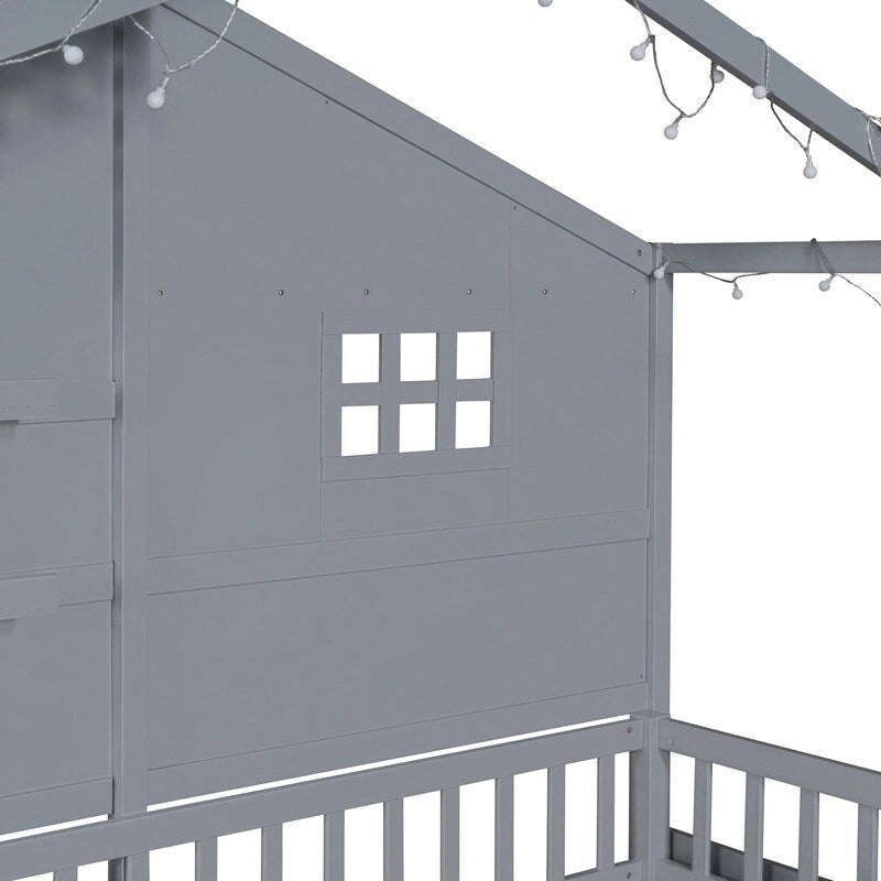 House Bed with Storage Shelves, Window and Roof Light Strip