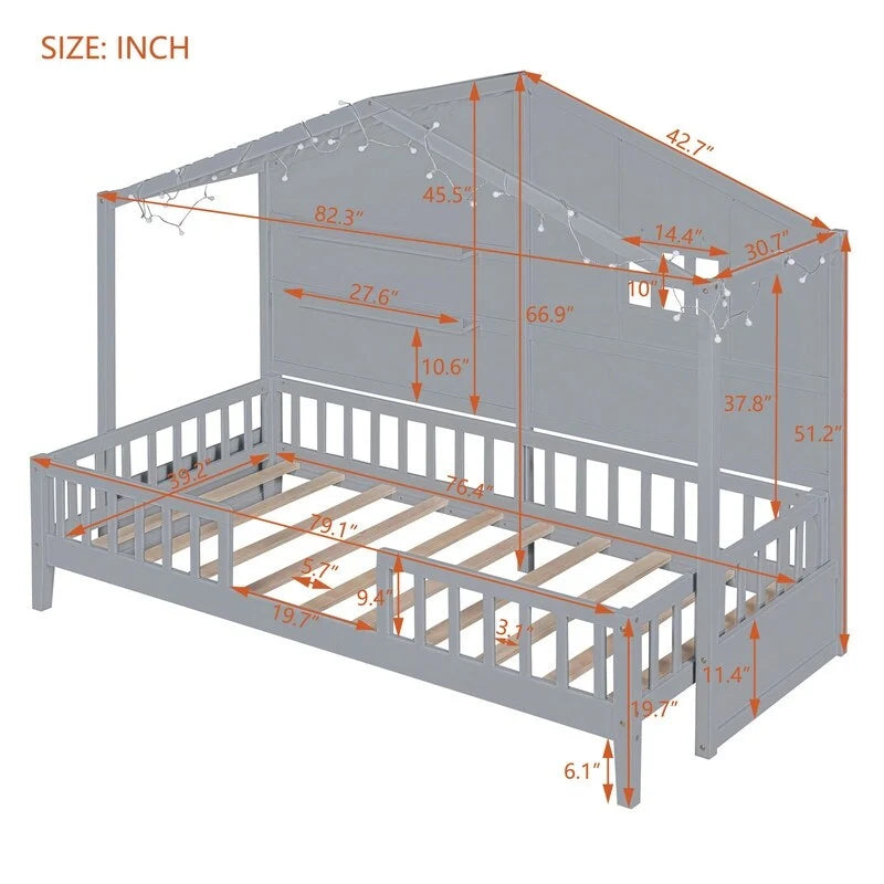 House Bed with Storage Shelves, Window and Roof Light Strip