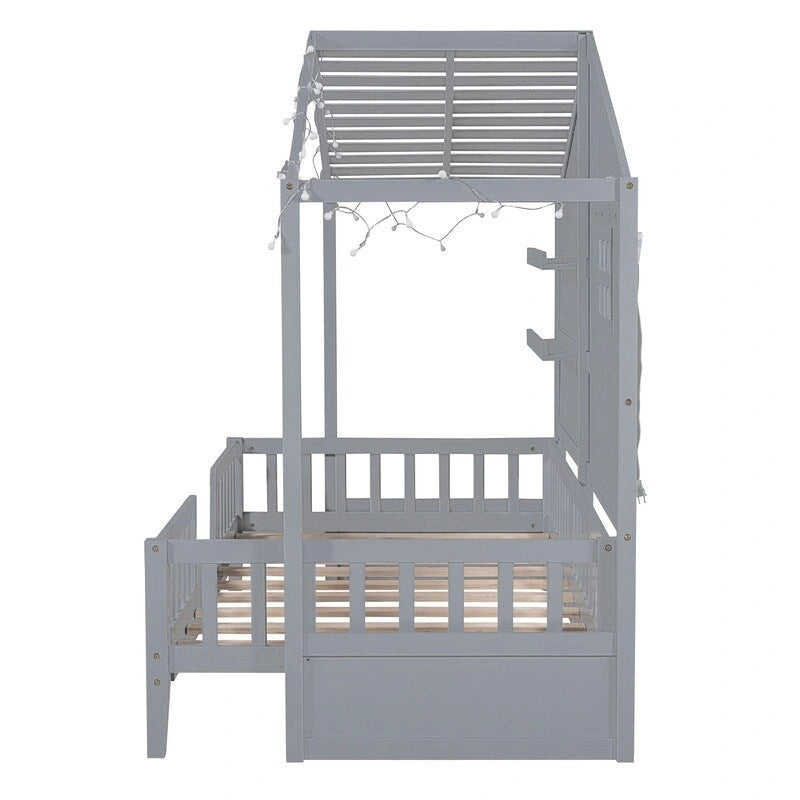 House Bed with Storage Shelves, Window and Roof Light Strip