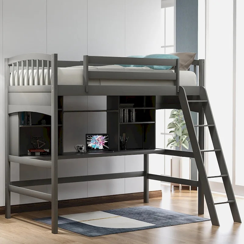 Hochbett mit Schreibtisch und Aufbewahrungsregalen