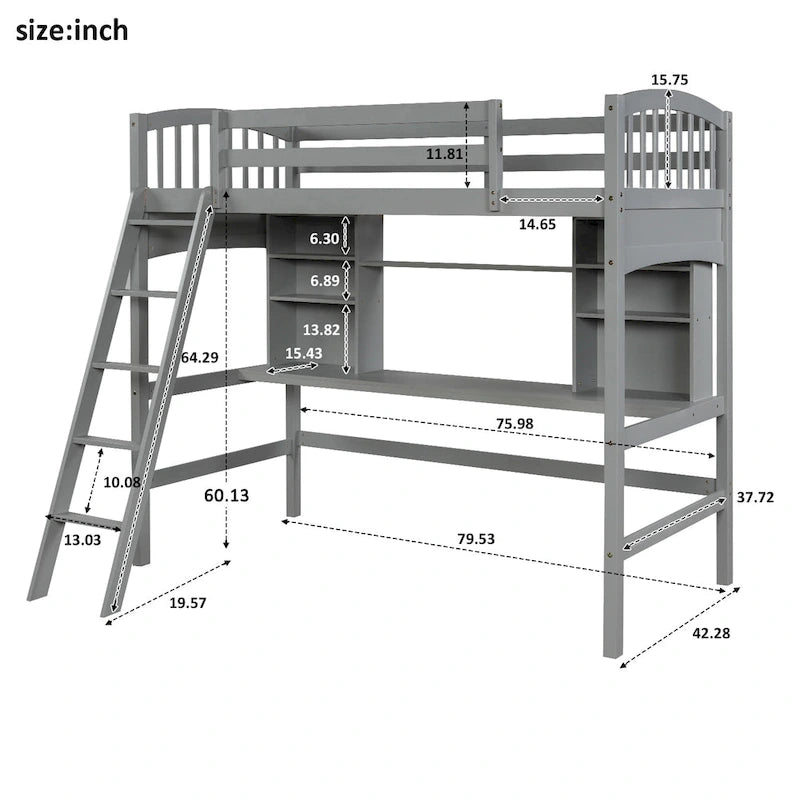 Hochbett mit Schreibtisch und Aufbewahrungsregalen