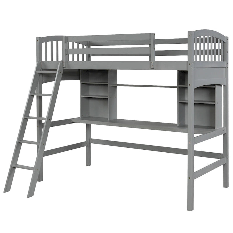 Hochbett mit Schreibtisch und Aufbewahrungsregalen