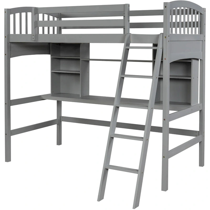 Hochbett mit Schreibtisch und Aufbewahrungsregalen