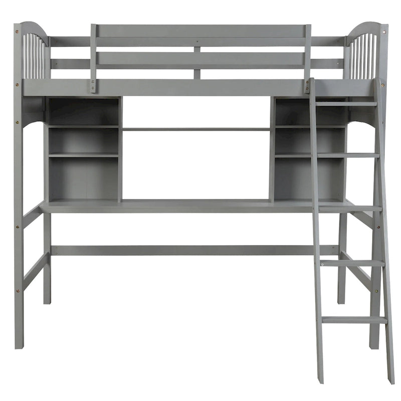 Hochbett mit Schreibtisch und Aufbewahrungsregalen
