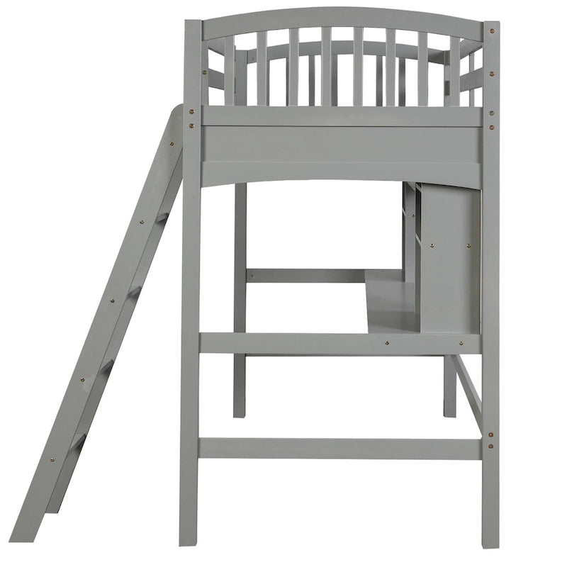 Hochbett mit Schreibtisch und Aufbewahrungsregalen