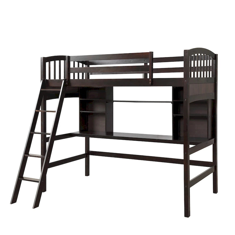 Hochbett mit Schreibtisch und Aufbewahrungsregalen