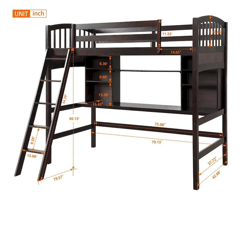 Hochbett mit Schreibtisch und Aufbewahrungsregalen