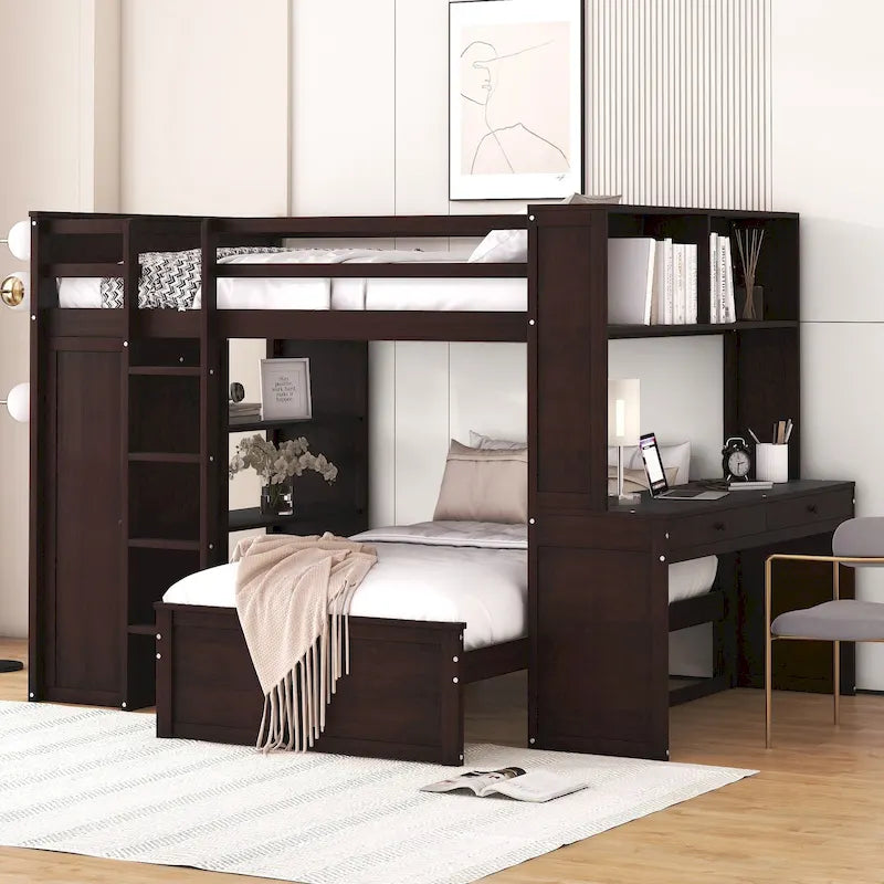 Loft Bed with Twin Stand-Alone Bed, Desk, Wardrobe & Shelves