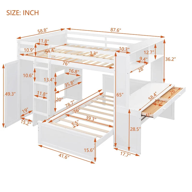 Loft Bed with Twin Stand-Alone Bed, Desk, Wardrobe & Shelves