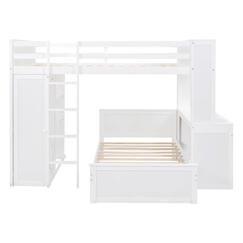 Cama alta con cama individual independiente, escritorio, armario y estantes