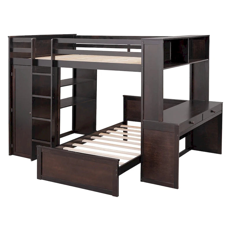 Cama alta con cama individual independiente, escritorio, armario y estantes