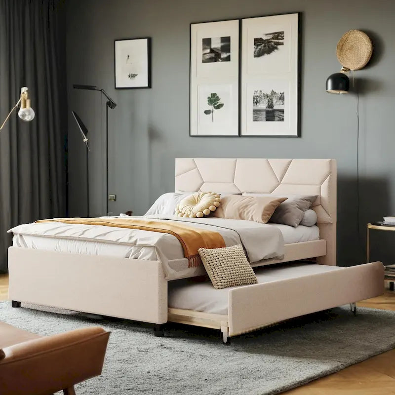 Letto a piattaforma imbottito con letto estraibile e cassetti contenitore