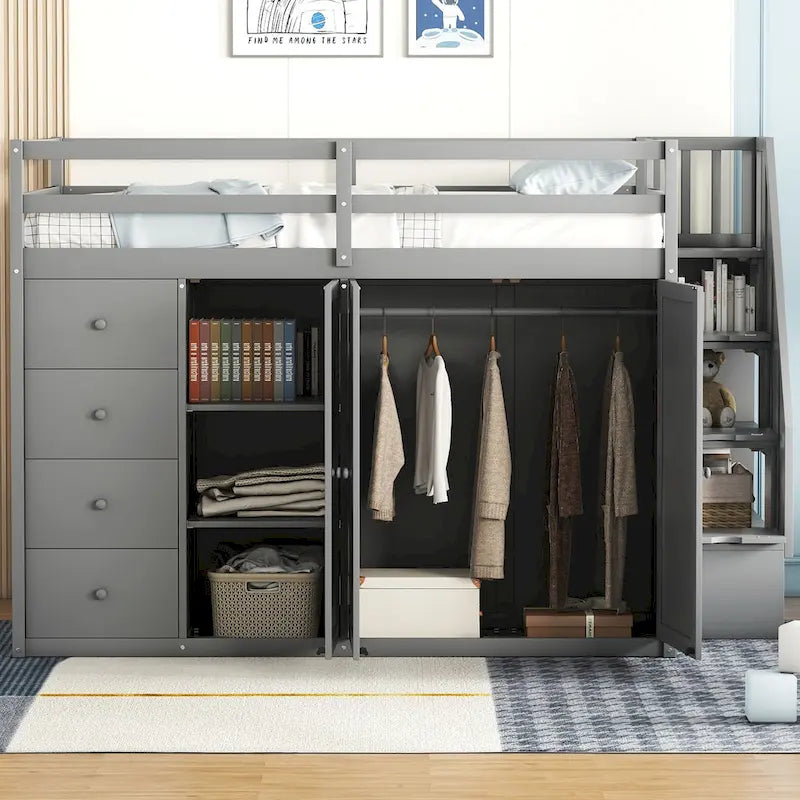 Letto a soppalco in legno con armadio, vani, cassetti e scala contenitore