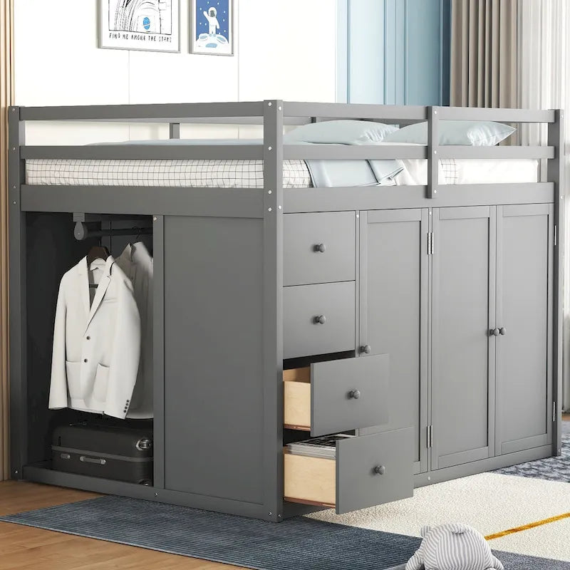 Wood Loft Bed with Wardrobe, Cabinets, Drawers & Storage Staircase