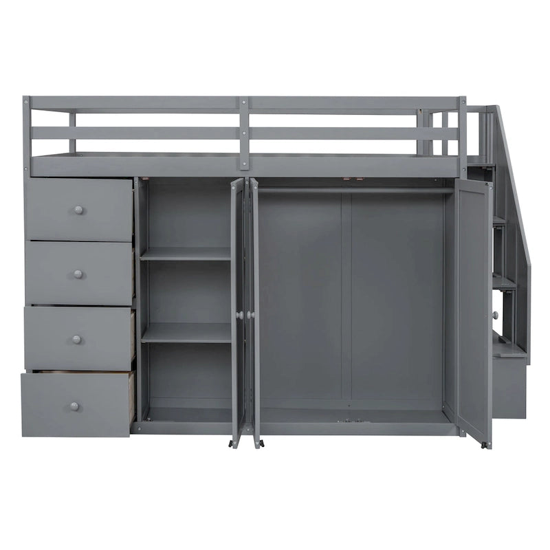 Wood Loft Bed with Wardrobe, Cabinets, Drawers & Storage Staircase